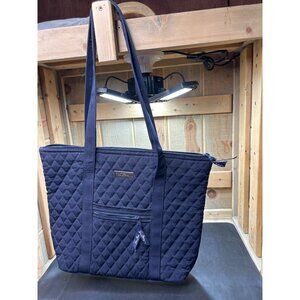 Vera Bradley Navy Blue Quilted Tote Bag With Zipper Closure & Front Pocket